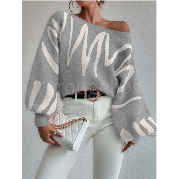 Knit Graphic Pullover Sweater Off White Grey Bishop Sleeve - Picture 2 of 10